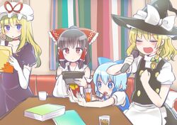  4girls :d :o bendy_straw black_hair blonde_hair blue_eyes blue_hair blush bow braid cirno closed_eyes drinking_straw expressionless hair_bow hair_tubes hakurei_reimu hat highres karaoke kirisame_marisa large_bow long_hair microphone mob_cap multiple_girls music ochazuke open_mouth phone short_hair singing single_braid smile touhou violet_eyes writing yakumo_yukari 