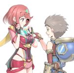  1boy 1girl breasts brown_hair covered_navel fingerless_gloves gloves gonzarez hair_ornament highres pyra_(xenoblade) light_smile medium_breasts open_mouth red_eyes redhead rex_(xenoblade_2) short_hair simple_background white_background wide_hips xenoblade xenoblade_2 