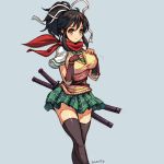  1girl armor artist_name asuka_(senran_kagura) black_hair black_legwear blue_background blush breasts closed_mouth cowboy_shot green_necktie green_skirt hair_ribbon hands_on_breasts hands_on_own_chest highres japanese_armor jeon_yong_jin katana large_breasts legs_together looking_at_viewer miniskirt necktie plaid plaid_skirt ponytail red_scarf ribbon scabbard scarf school_uniform senran_kagura senran_kagura_(series) sheath sheathed shirt short_hair short_sleeves skirt smile solo standing sweater_vest sword thigh-highs weapon weapon_on_back white_ribbon white_shirt yellow_eyes 