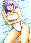  1girl absurdres blue_swimsuit blush breasts cleavage competition_swimsuit d-m_(dii_emu) hat highres large_breasts lavender_hair letty_whiterock looking_at_viewer lying one-piece_swimsuit open_mouth short_hair solo swimsuit touhou white_swimsuit 