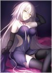 1girl arm_up bare_shoulders black_gloves black_legwear border breasts choker cropped dress dress_lift elbow_gloves fate/grand_order fate_(series) gloves hair_between_eyes head_tilt highres indoors jeanne_alter large_breasts legs_crossed long_hair looking_at_viewer petals purple_dress ribbon_choker ruler_(fate/apocrypha) sitting smile solo strapless strapless_dress thigh-highs very_long_hair wowishi yellow_eyes 