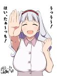  1girl artist_name blush breasts cleavage closed_eyes hairband headband idolmaster jabara_tornado large_breasts long_hair looking_at_viewer open_mouth shijou_takane shirt silver_hair simple_background smile solo text translation_request upper_body white_background 