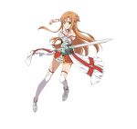  1girl asuna_(sao) breasts brown_eyes brown_hair choker cleavage collarbone detached_sleeves dress floating_hair full_body holding holding_sword holding_weapon layered_skirt long_hair medium_breasts skirt sleeveless sleeveless_dress smile solo sword sword_art_online thigh-highs thigh_strap transparent_background violet_eyes weapon white_legwear white_skirt 