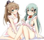  2girls aikawa_ryou apron aqua_eyes bad_anatomy bad_hands bare_arms bare_legs barefoot brown_hair green_eyes green_hair grin hair_between_eyes hair_ornament hairclip kantai_collection kumano_(kantai_collection) long_hair multiple_girls naked_apron neck_ribbon ponytail red_ribbon ribbon simple_background smile suzuya_(kantai_collection) white_background 