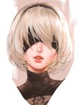  1girl black_blindfold blindfold covered_eyes facing_viewer highres jang_ju_hyeon lips nier_(series) nier_automata parted_lips portrait red_lips simple_background solo teeth turtleneck white_background white_hair yorha_no._2_type_b 