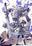  1girl armor assault_rifle blonde_hair blue_eyes breasts electricity gun knife mecha pilot pouch reverse_grip rifle robot rock size_difference small_breasts squatting sword sword_plant tajima_ryuushi titanfall titanfall_2 weapon white_background 