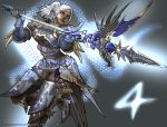  1girl armor breasts copyright_name dark_skin dragoon_(final_fantasy) earrings facial_tattoo final_fantasy final_fantasy_xiv glowing hyur jewelry lips lipstick makeup official_art polearm side_ponytail solo spear tattoo watermark weapon white_eyes white_hair 