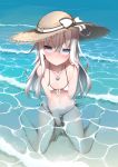  1girl absurdres alternate_costume bare_arms bare_legs bare_shoulders barefoot between_legs bikini blue_eyes blush breasts collarbone colored_eyelashes from_above full_body hair_between_eyes hand_between_legs hat hibiki_(kantai_collection) highres kantai_collection light_smile long_hair looking_at_viewer midriff navel silver_hair sitting small_breasts sun_hat swimsuit thighs twitter_username water waves white_bikini yaosera 