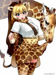  1girl animal_ears blonde_hair blue_eyes blush giraffe giraffe_ears giraffe_horns giraffe_print happa_(cloverppd) kemono_friends long_hair long_sleeves multicolored_hair open_mouth reticulated_giraffe_(kemono_friends) scarf short_sleeves simple_background skirt skirt_lift tail thigh-highs two-tone_hair white_background 