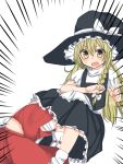  2girls apron bangs black_hat black_skirt blonde_hair blush bow braid detached_sleeves emphasis_lines eyebrows_visible_through_hair frilled_apron frills golgi_hon hair_between_eyes hair_bow hakurei_reimu hat hat_bow kirisame_marisa long_hair looking_at_another multiple_girls open_mouth ribbon-trimmed_sleeves ribbon_trim sarashi short_sleeves side_braid simple_background single_braid skirt skirt_set socks sweat touhou under_skirt waist_apron white_apron white_background white_bow white_legwear yellow_eyes yuri 