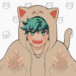  1boy :3 animal_ears animal_hood blush boku_no_hero_academia bright_pupils brown_hoodie cat cat_ears cat_hood cat_tail claw_pose commentary_request drawstring fake_animal_ears fangs freckles gaagyeo green_eyes green_hair highres hood hood_up hoodie korean_commentary long_sleeves looking_at_viewer male_focus midoriya_izuku open_mouth sheep short_hair simple_background solo tail upper_body white_background white_pupils 