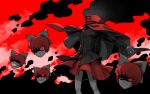  1girl black_shirt bow capelet glowing glowing_eyes hair_bow headless long_sleeves meitei multiple_heads red_eyes red_skirt redhead sekibanki sharp_teeth shirt skirt teeth touhou 