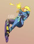  1girl 2017 armor blonde_hair blue_bodysuit bodysuit gun highres long_hair metroid mole mole_under_mouth one_eye_closed ponytail samus_aran shiny shiny_clothes skin_tight solo weapon zero_suit 