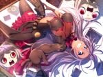  1girl bangs blue_eyes book breasts bullet cinderella_(sinoalice) cleavage dark_skin detached_collar doll doll_head dress eyelashes frills gloves grin highres large_breasts long_hair looking_at_viewer navel pecolondon puppet red_eyes sinoalice smile solo teeth thigh-highs 