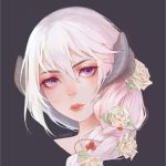 1girl artist_name bangs borrowed_character braid closed_mouth demon_horns eulalia_emvesser flower fuwaffy grey_background hair_between_eyes horns leaf lips original portrait red_lips rose simple_background single_braid solo violet_eyes white_hair white_rose 