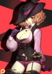  1girl belt breasts brown_eyes brown_hair cleavage corset garter_straps gloves hat hat_feather hat_over_one_eye jewelry large_breasts looking_at_viewer necklace okumura_haru parted_lips patreon_username persona persona_5 purple_gloves shadow short_hair shorts smile solo songjikyo thigh-highs 