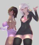  2girls aqua_eyes arjuna_(fate/grand_order) ass back bare_shoulders black_hair black_legwear blush breasts cleavage covered_navel covered_nipples dark_skin dress earrings fate/extra fate/extra_ccc fate/grand_order fate_(series) genderswap genderswap_(mtf) gloves jewelry karna_(fate) large_breasts long_hair looking_at_viewer medium_breasts multiple_girls nikuku_(kazedesune) open_mouth short_hair silver_hair smile thigh-highs violet_eyes white_gloves 
