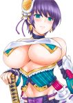  1girl alternate_hair_color aqua_eyes bare_shoulders breasts detached_sleeves hair_ornament honeybump huge_breasts looking_down midriff navel oshiro_project purple_hair sakado_(oshiro_project) short_hair solo sword under_boob weapon 