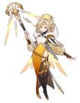  1girl blonde_hair blue_eyes boots gwayo hat_ornament highres hood knee_boots mercy_(overwatch) overwatch puffy_sleeves solo staff thighs wings 