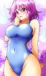  1girl absurdres bare_shoulders blush breasts competition_swimsuit covered_navel curvy d-m_(dii_emu) highres hitodama medium_breasts one-piece_swimsuit open_mouth pink_background pink_eyes pink_hair saigyouji_yuyuko short_hair solo standing surprised swimsuit touhou wavy_hair wide_hips 