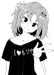  1girl alternate_hairstyle anarogumaaa clothes_writing collarbone commentary frog_hair_ornament greyscale hair_ornament head_tilt kochiya_sanae looking_at_viewer monochrome ponytail shirt short_sleeves simple_background smile snake_hair_ornament solo t-shirt touhou translation_request upper_body v white_background 