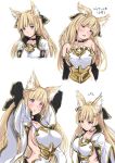  1girl animal_ears armor armpits arms_up bangs bare_shoulders blonde_hair blush braid breasts cloak elbow_gloves erun_(granblue_fantasy) gloves granblue_fantasy hair_ribbon kimura_neito large_breasts long_hair looking_at_viewer open_mouth ribbon sideboob simple_background smile solo translation_request very_long_hair violet_eyes white_background yuisis_(granblue_fantasy) 