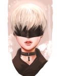  bangs black_blindfold black_choker blindfold choker covered_eyes highres jang_ju_hyeon jewelry lips male_focus nier_(series) nier_automata parted_lips pendant pink_lips portrait simple_background teeth white_background yorha_no._9_type_s 