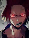  1boy angry bangs boku_no_hero_academia close-up face frown glowing glowing_eyes kirishima_eijirou looking_at_viewer open_mouth parted_bangs portrait red_eyes redhead sharp_teeth shoco_(sco_labo) solo spiky_hair teeth torn_clothes upper_body 