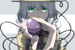  1girl bangs bow covered_mouth curly_hair expressionless green_eyes grey_background hair_over_eyes hat hat_bow heart heart_of_string holding komeiji_koishi looking_at_viewer sakuraba_yuuki shirt silver_hair solo third_eye touhou two-tone_background upper_body white_background wide_sleeves yellow_shirt 