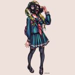  1girl arm_at_side artist_name backpack bag black_shoes blue_sailor_collar blue_serafuku blue_shirt blue_skirt collarbone covered_face full_body gas_mask green_hair hand_to_head hand_up highres jeon_yong_jin legs_apart loafers long_hair long_sleeves neckerchief original pink_neckerchief pleated_skirt sailor_collar school_bag school_uniform serafuku shirt shoes simple_background skirt solo standing twintails 