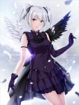  1girl angel_wings bare_shoulders diffraction_spikes dress drill_hair elbow_gloves feathers gloves highres idolmaster idolmaster_cinderella_girls kanzaki_ranko long_hair looking_at_viewer nayuta69 open_mouth red_eyes revision rosenburg_engel silver_hair smile solo twin_drills twintails wings 