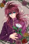  1boy aqua_eyes expressionless flower kurama long_hair male_focus pink_rose plant redhead rose signature solo thorns tsukasaki_ryouko upper_body vines white_rose yellow_rose yuu_yuu_hakusho 