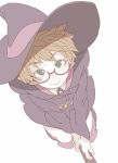  blush boots broom brown_hair commentary freckles glasses green_eyes hat little_witch_academia looking_at_viewer lotte_jansson semi-rimless_glasses short_hair smile solo tasaka_shinnosuke under-rim_glasses white_background witch witch_hat 