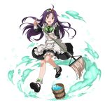  1girl :d ahoge apron black_dress bow bowtie dress floating_hair frilled_apron frills full_body green_bow green_bowtie hair_bow hairband looking_at_viewer maid open_mouth purple_hair red_eyes red_hairband short_dress smile socks solo sword_art_online transparent_background violet_eyes water white_apron white_legwear yuuki_(sao) 