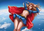  1girl blonde_hair breasts cape clouds covered_nipples crop_top dandon_fuga dc_comics flying looking_at_viewer midair midriff navel panties pantyshot skirt sky smile solo stomach stratosphere supergirl superhero superman_(series) underwear 