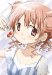  1girl blush brown_hair cherry double_bun food fruit hidamari_sketch hiro kinfuji pink_hair short_hair 