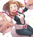  1girl :d belt blush_stickers bodysuit boku_no_hero_academia breasts brown_eyes brown_hair choker hands looking_at_viewer medium_breasts open_mouth outstretched_arms round_teeth short_hair simple_background smile solo teeth uraraka_ochako utility_belt white_background 