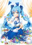  1girl blue_eyes blue_hair blue_ribbon blue_skirt blush cake candle cup eyebrows_visible_through_hair food gold_ribbon hatsune_miku holding holding_cup long_hair looking_away ribbon seiza sitting skirt solo stuffed_animal stuffed_bunny stuffed_toy tea teacup twintails unipong vocaloid 