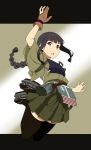  1girl adapted_costume akagi_(kantai_collection) akagi_(kantai_collection)_(cosplay) akitetsu black_eyes black_hair breastplate cosplay gloves highres hime_cut jumping kantai_collection kitakami_(kantai_collection) letterboxed long_hair looking_at_viewer open_mouth partly_fingerless_gloves sidelocks single_glove solo thigh-highs 