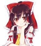  1girl ascot bangs bow brown_hair chin_rest detached_sleeves hair_bow hair_tubes hakurei_reimu haruki_(colorful_macaron) long_hair looking_at_viewer ponytail red_bow red_eyes ribbon-trimmed_sleeves ribbon_trim shiny shiny_hair sidelocks simple_background smile solo touhou vest white_background 