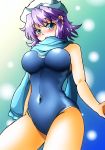  1girl absurdres blue_background blue_eyes blush breasts competition_school_swimsuit competition_swimsuit d-m_(dii_emu) hat highres large_breasts lavender_hair letty_whiterock looking_at_viewer one-piece_swimsuit open_mouth scarf solo swimsuit touhou 