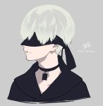  1boy blindfold character_name closed_mouth copyright_name cropped_torso facing_away grey_background grey_hair highres looking_to_the_side male_focus mochizuki_kei nier_(series) nier_automata simple_background solo upper_body 