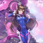  1girl animal_print bangs blue_bodysuit blue_sky blurry blurry_background bodysuit breasts brown_eyes brown_hair bubble_blowing bunny_print cherry_blossoms chewing_gum clothes_writing covered_navel cowboy_shot d.va_(overwatch) day facepaint facial_mark gloves hair_tousle hand_in_hair headphones high_collar highres impossible_bodysuit impossible_clothes long_hair looking_at_viewer medium_breasts meka_(overwatch) outdoors overwatch pilot_suit ribbed_bodysuit shoulder_pads skin_tight sky solo sparkle swept_bangs tree_branch ttaji_(pass35) whisker_markings white_gloves 