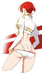  1girl akitetsu ass boudica_(fate/grand_order) butt_crack dimples_of_venus fate/grand_order fate_(series) from_behind hands_on_hips high_collar highres juliet_sleeves long_sleeves o-ring_bikini o-ring_bottom ponytail puffy_sleeves redhead short_hair skindentation solo 