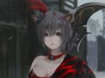  1girl absurdres animal_ears aoi_ogata artist_name bangs black_eyes breasts building cat_ears cleavage closed_mouth grey_hair grey_sky hair_between_eyes highres large_breasts looking_at_viewer lu_lingqi outdoors red_choker red_lips shin_sangoku_musou shin_sangoku_musou_8 short_hair solo upper_body 