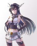  1girl bare_shoulders black_gloves black_hair breasts collar elbow_gloves fingerless_gloves gloves hair_between_eyes halterneck hands_on_hips headgear highres kantai_collection large_breasts long_hair looking_at_viewer medium_hair metal_belt midriff miniskirt nagato_(kantai_collection) navel parted_lips pleated_skirt red_eyes red_legwear sanagi shiny shiny_hair skirt solo striped striped_skirt teeth thigh-highs white_skirt zettai_ryouiki 