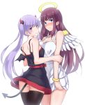  &gt;:) 2girls angel angel_and_devil angel_wings arm_grab ass asymmetrical_docking back bangs bare_arms bare_back bare_legs bare_shoulders black_dress black_legwear bloom blue_eyes blunt_bangs blush bracelet breast_press breasts cleavage closed_mouth collarbone cowboy_shot demon_girl demon_horns demon_tail demon_wings dress embarrassed etan14 female frown halo highres horns hug jewelry large_breasts lavender_hair legs long_hair looking_at_viewer looking_back multiple_girls naughty_face neck new_game! nose_blush off_shoulder purple_hair red_ribbon ribbon sash shy sidelocks simple_background small_breasts smile standing strap_slip suzukaze_aoba sweatdrop tail takimoto_hifumi thigh-highs twintails very_long_hair violet_eyes wavy_mouth white_background white_dress wings yuri 