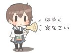  1girl black_legwear blush brown_hair chibi clog_sandals full_body japanese_clothes kaga_(kantai_collection) kantai_collection megaphone muneate rebecca_(keinelove) short_hair side_ponytail skirt solo text thigh-highs translated 