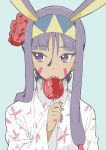  1girl absurdres animal_ears blue_background candy_apple dark_skin donguri_suzume earrings facial_mark flower food hair_flower hair_ornament hairband highres japanese_clothes jewelry kimono long_hair looking_to_the_side nitocris_(fate/grand_order) purple_hair solo tongue tongue_out violet_eyes 