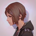  1girl blue_eyes brown_hair chloe_price hood hooded_jacket ilya_kuvshinov jacket jewelry life_is_strange necklace profile short_hair simple_background solo upper_body 